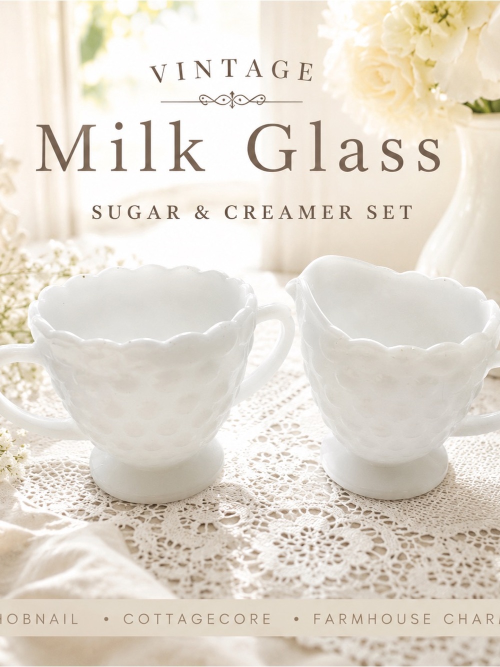Vintage White Milk Glass Hobnail Sugar & Creamer Set Cottagecore Farmhouse